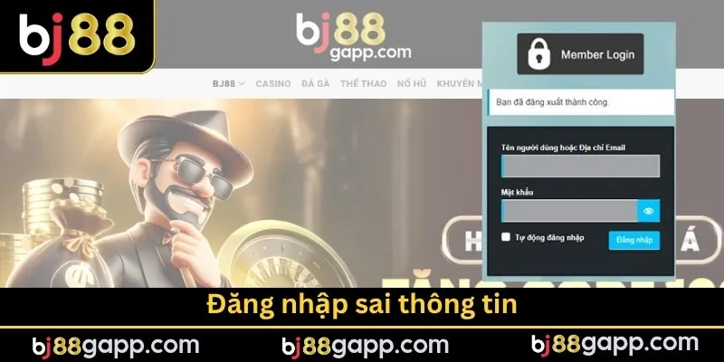 Đăng nhập sai thông tin